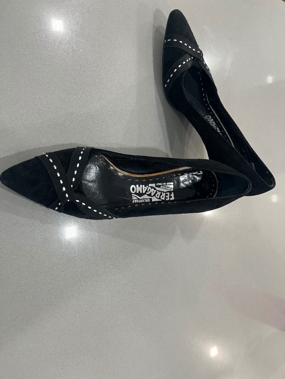Ferragamo Black Suede with Accent Kitten Heels.  Size 7B.  Made in Italy.